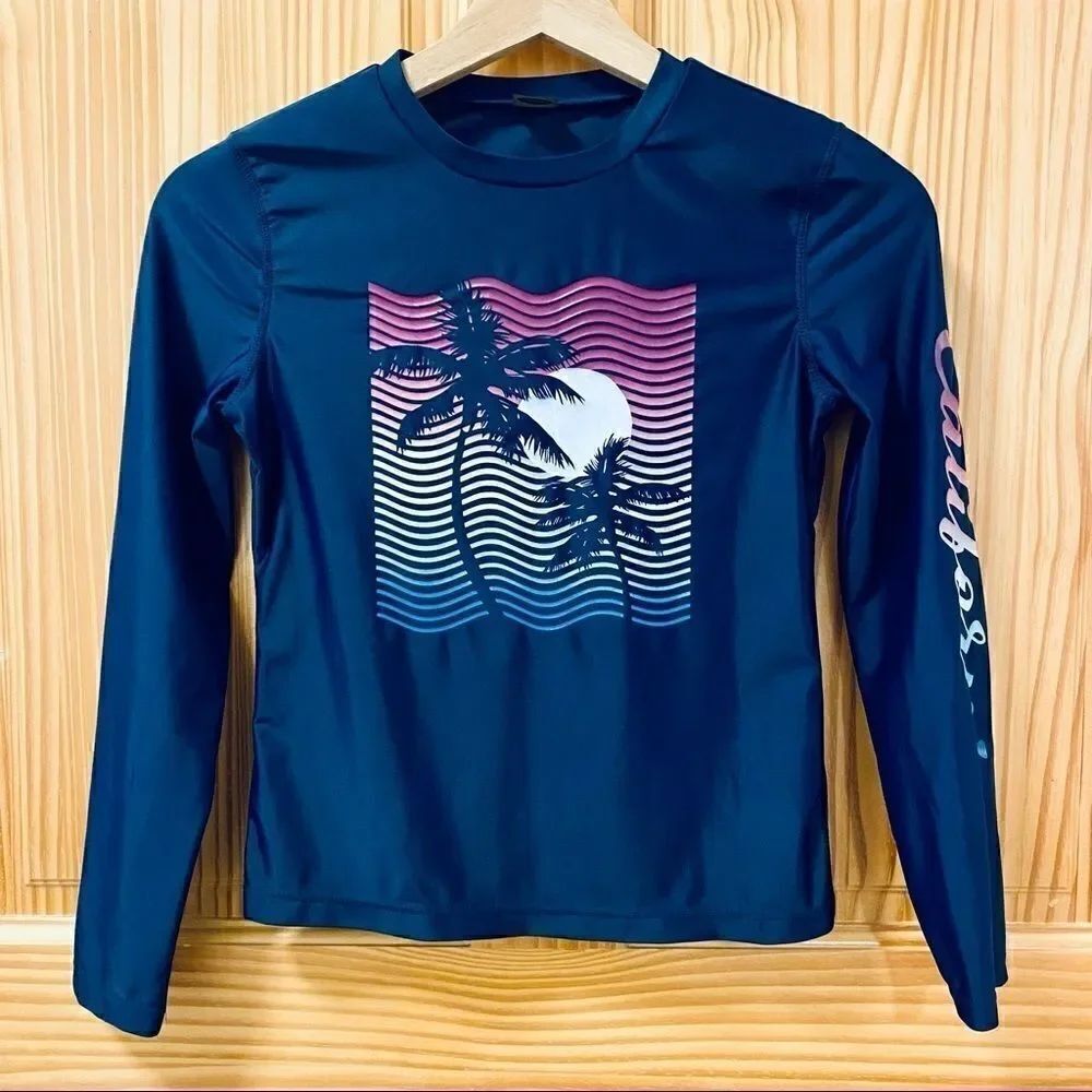 Old Navy navy blue long sleeve rashguard California palm tree design swim shirt